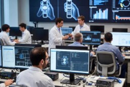 MedTech engineers in a modern design lab applying human factors engineering principles to ergonomic medical cable assemblies, featuring glove-friendly connectors and usability testing aligned with AAMI HE75:2025 standards