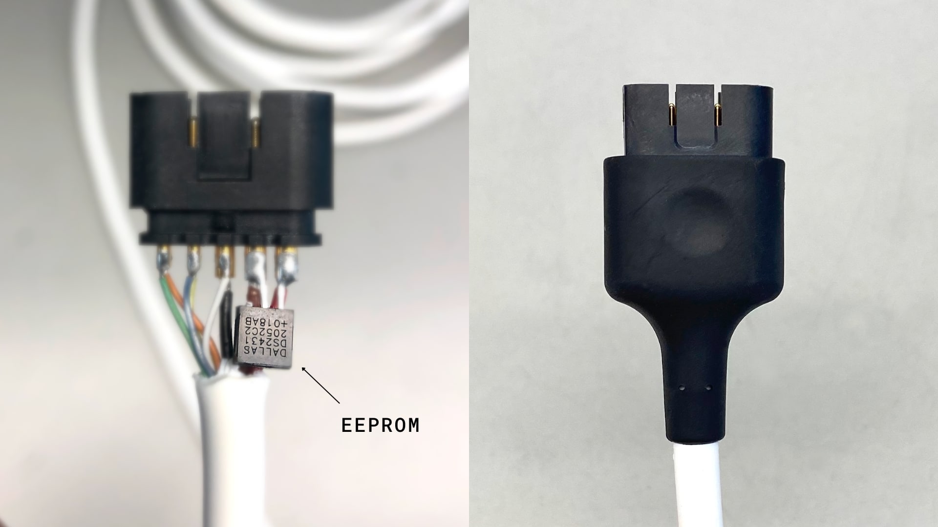 Left: Medical Cable with EEPROM. Right: Medical Cable overmolded.