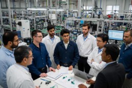 Group of engineers and supply chain professionals in a modern medical cable assembly factory discussing tariff impacts and reshoring strategies around technical drawings and cable samples.