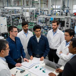 Group of engineers and supply chain professionals in a modern medical cable assembly factory discussing tariff impacts and reshoring strategies around technical drawings and cable samples.