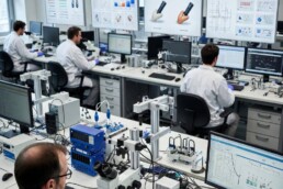 MedTech engineers in a modern design lab applying human factors engineering principles to ergonomic medical cable assemblies, featuring glove-friendly connectors and usability testing aligned with AAMI HE75:2025 standards