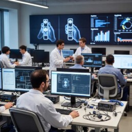 MedTech engineers in a modern design lab applying human factors engineering principles to ergonomic medical cable assemblies, featuring glove-friendly connectors and usability testing aligned with AAMI HE75:2025 standards