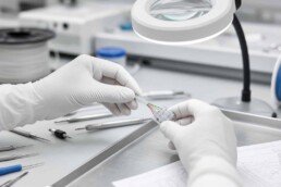 Technician's gloved hands terminating a fine-gauge medical cable connector under a magnifying inspection lamp.
