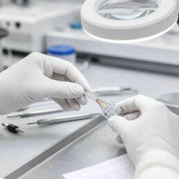 Technician's gloved hands terminating a fine-gauge medical cable connector under a magnifying inspection lamp.