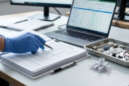 Hand reviewing supplier certificates and material documentation next to a medical device component sample.