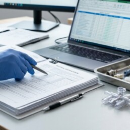 Hand reviewing supplier certificates and material documentation next to a medical device component sample.